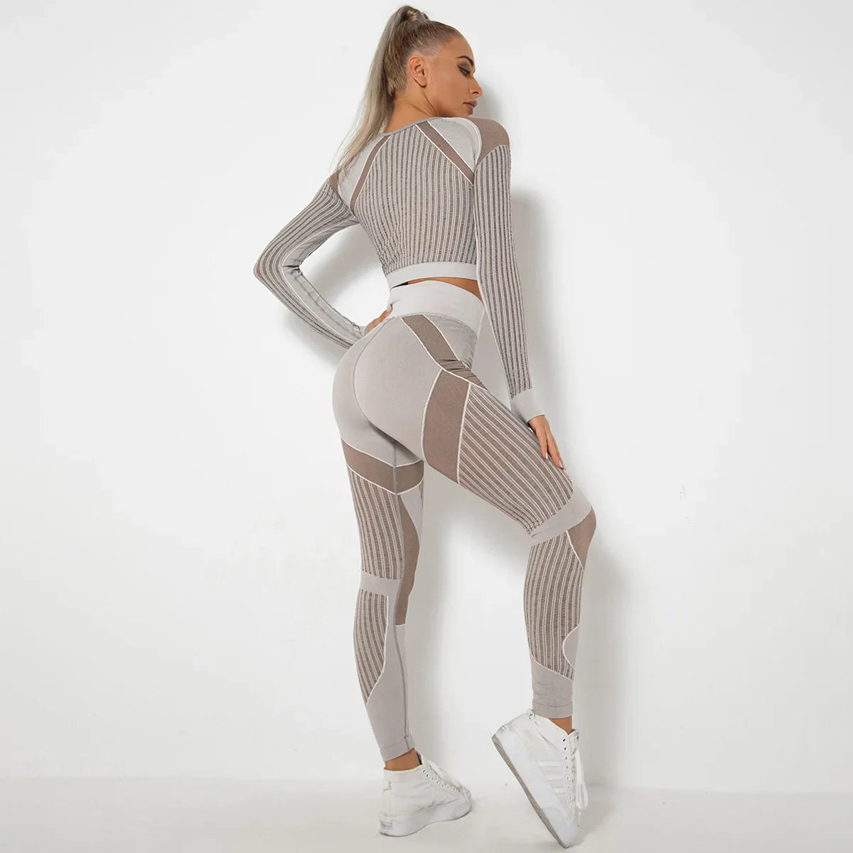 Xlwsbcr Hollow Out Seamless Yoga Set Sport Outfits Women Black Crop Top Bra Leggings Workout Gym Suit Fitness Sport Sets Brown suit