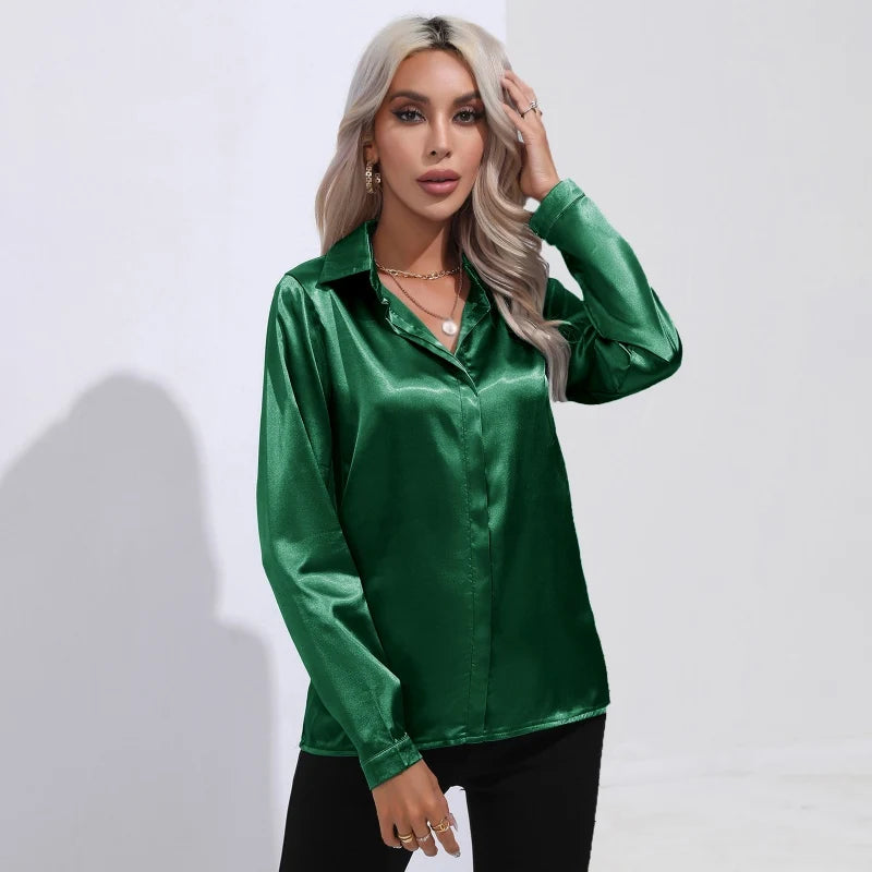 Spring Autumn Satin Shirt Women V Neck Long Sleeve Office Shirt Blouses Ladies Black White Silk Loose Shirts For Women DG