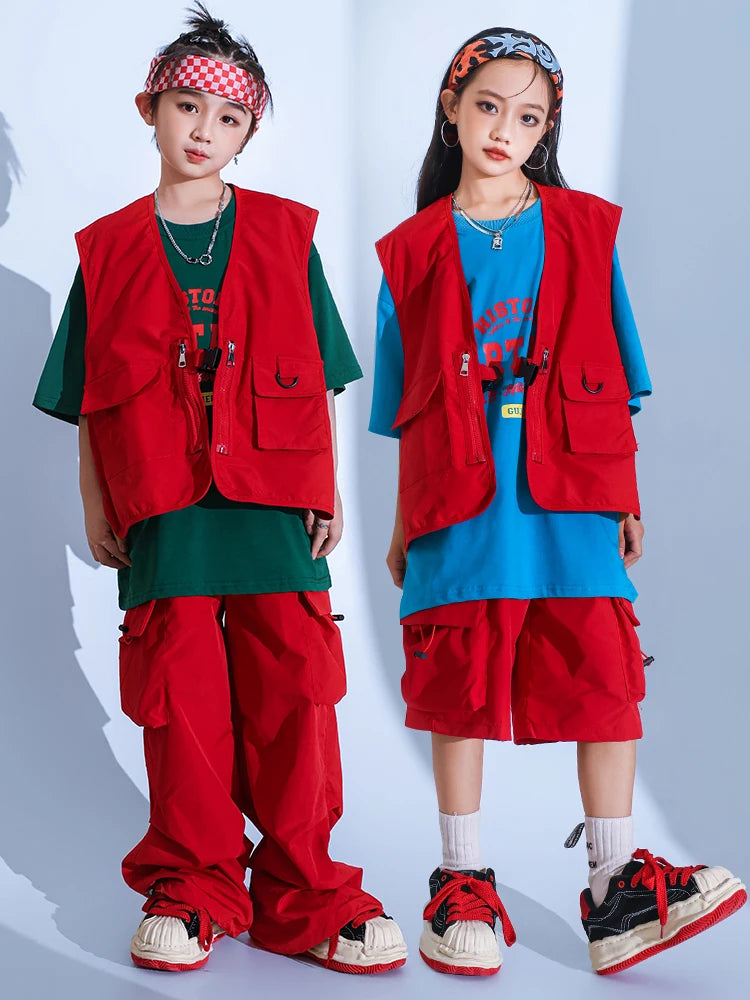Boys Hip Hop Pants Outfits Red Vest Cargo Pants Girls Streetwear Children Joggers Street Dance Kids Jazz Costumes Clothes Sets