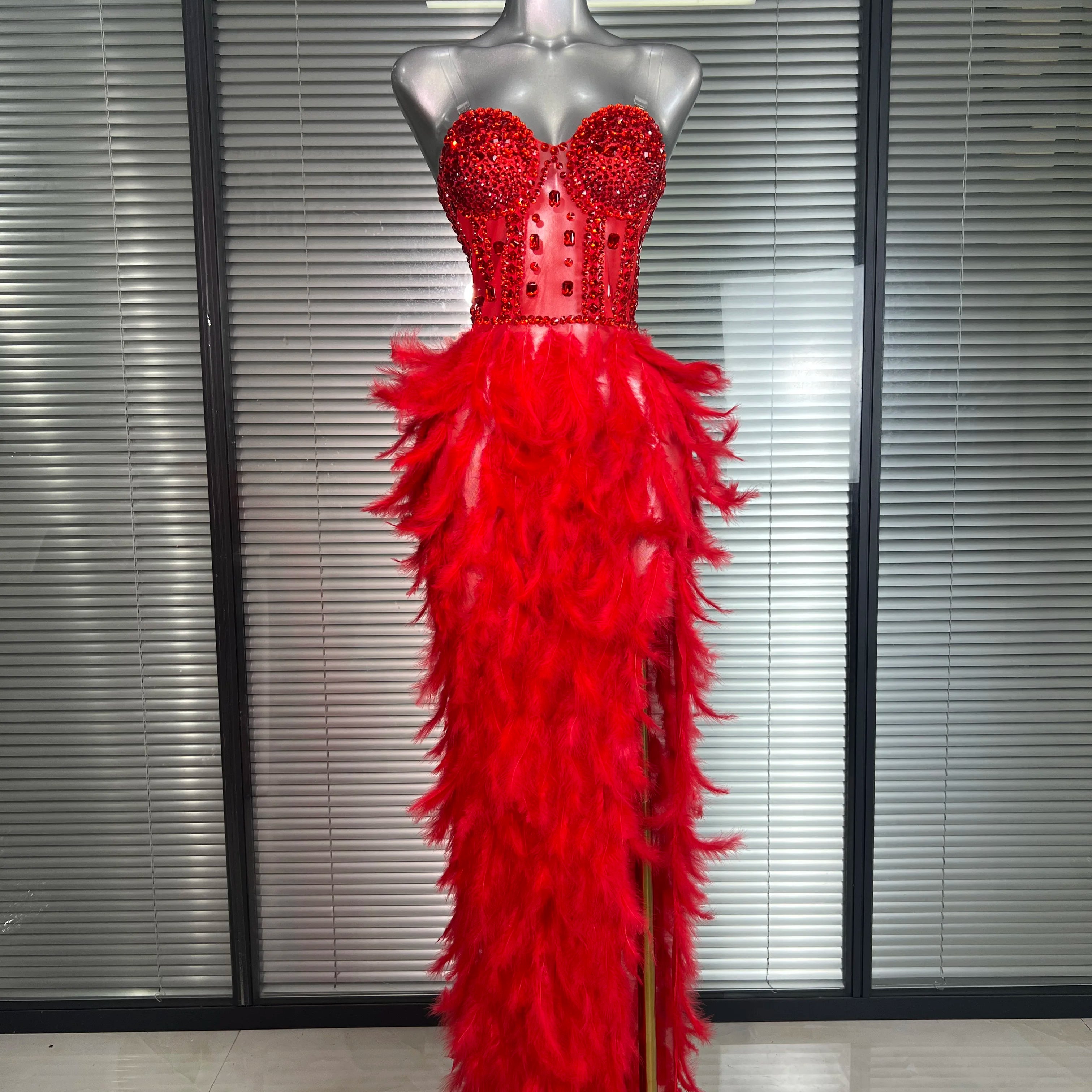 3 Colors Women Sexy Mesh Split Feathers Stage Costume Stage Black Red ...