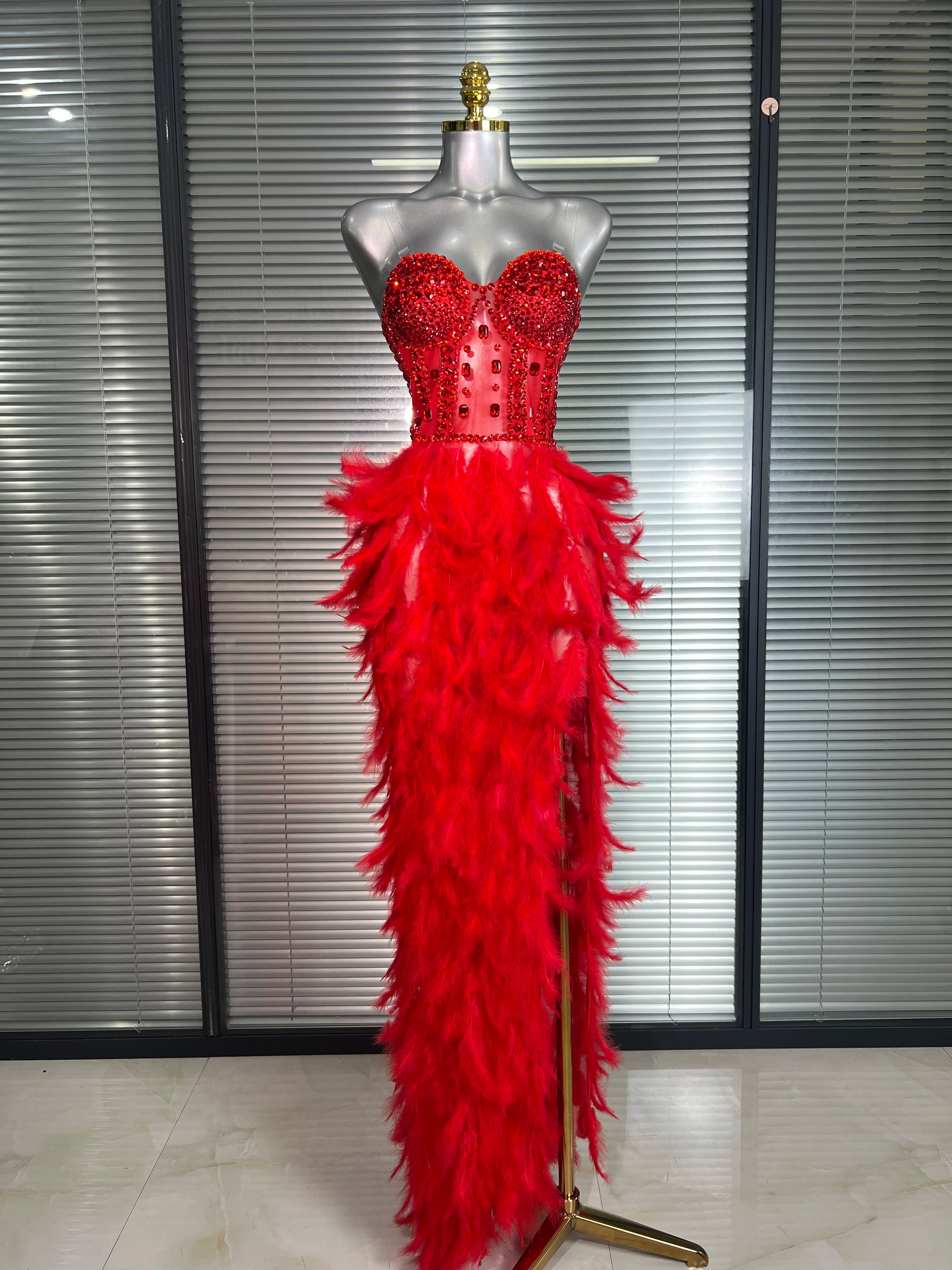 3 Colors Women Sexy Mesh Split Feathers Stage Costume Stage Black Red Stretchy Night Club Party Maxi Dress