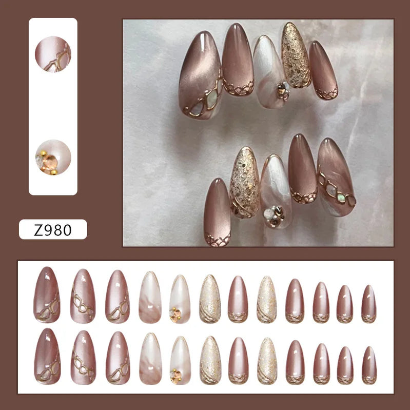 24pcs Shiny Green Cat Eye False Nails Cute Seal Print Fake Nails Tips Wearable Reusable Glossy Short Round Press on Nails