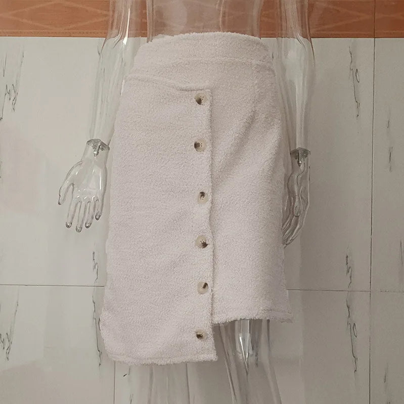 Cute Teddy Bear Fleece A-Line Skirts Women Autumn Single-breasted Irregular Short Dress Winter Solid Cashmere Warm Female Skirts