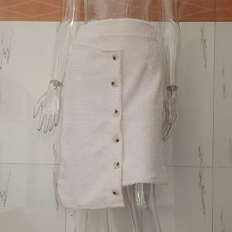 Cute Teddy Bear Fleece A-Line Skirts Women Autumn Single-breasted Irregular Short Dress Winter Solid Cashmere Warm Female Skirts
