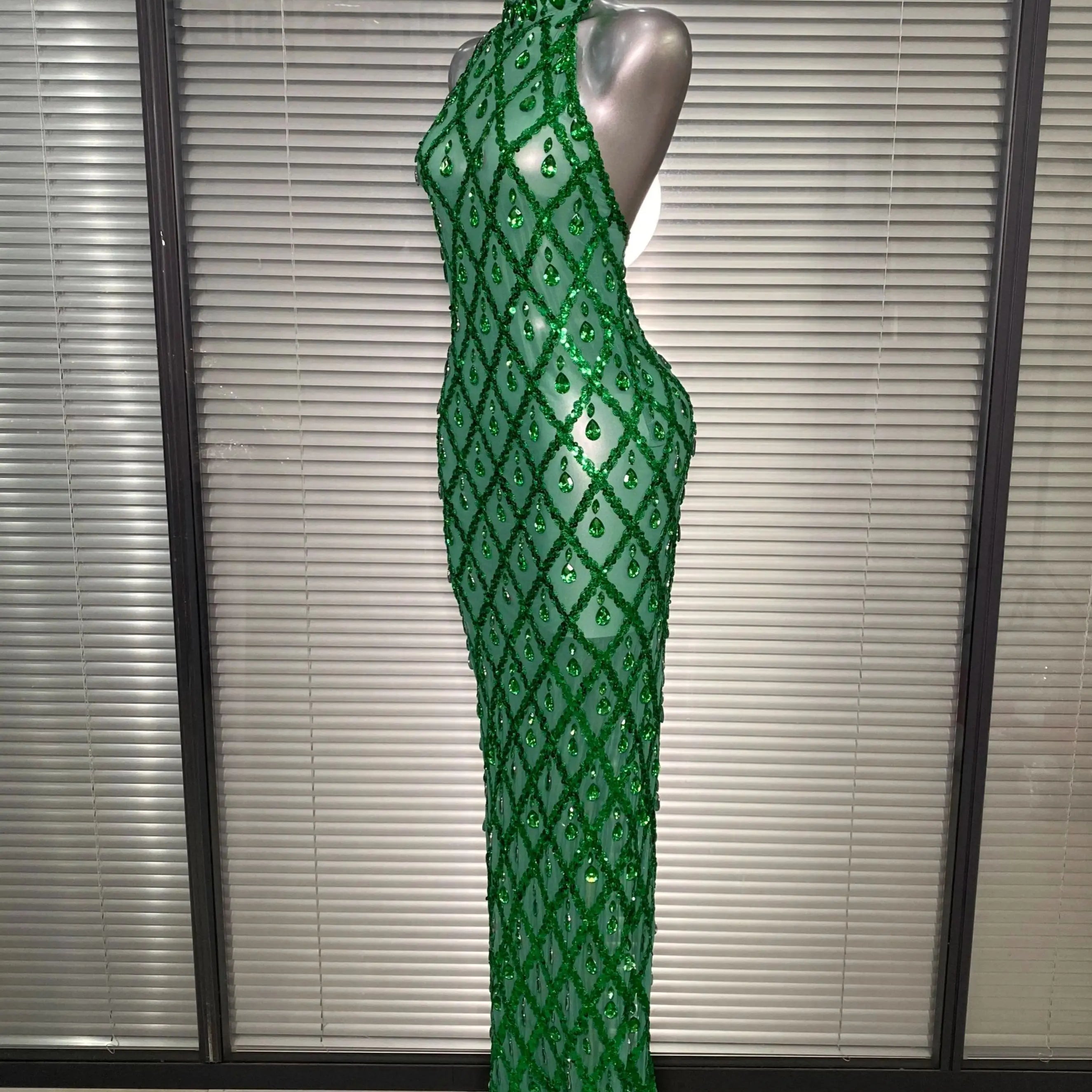 New Women Sexy Mesh Green Crystal Diamonds Maxi Dress See Through Brown Party Costume Stage Performance Dress