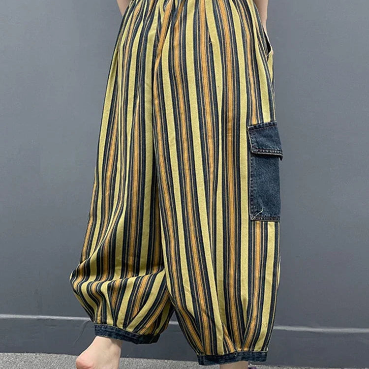 Spring Womens Fashion Striped Denim Wide Leg Pants Ladies Classic Loose Vintage Casual Jeans Females Punk Trousers