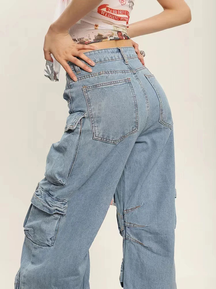 Grunge Punk High Street Style Oversized Cargo Jeans Women Spring Autumn Y2K Korean Fashion Pockets Loose Denim Boyfriend Pants