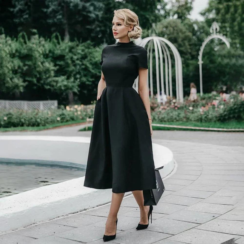 Women Elegant Black Dress Half High Collar High Waist A-Line Dresses Slim Fit Dress Office Lady Female Solid Vestidos black
