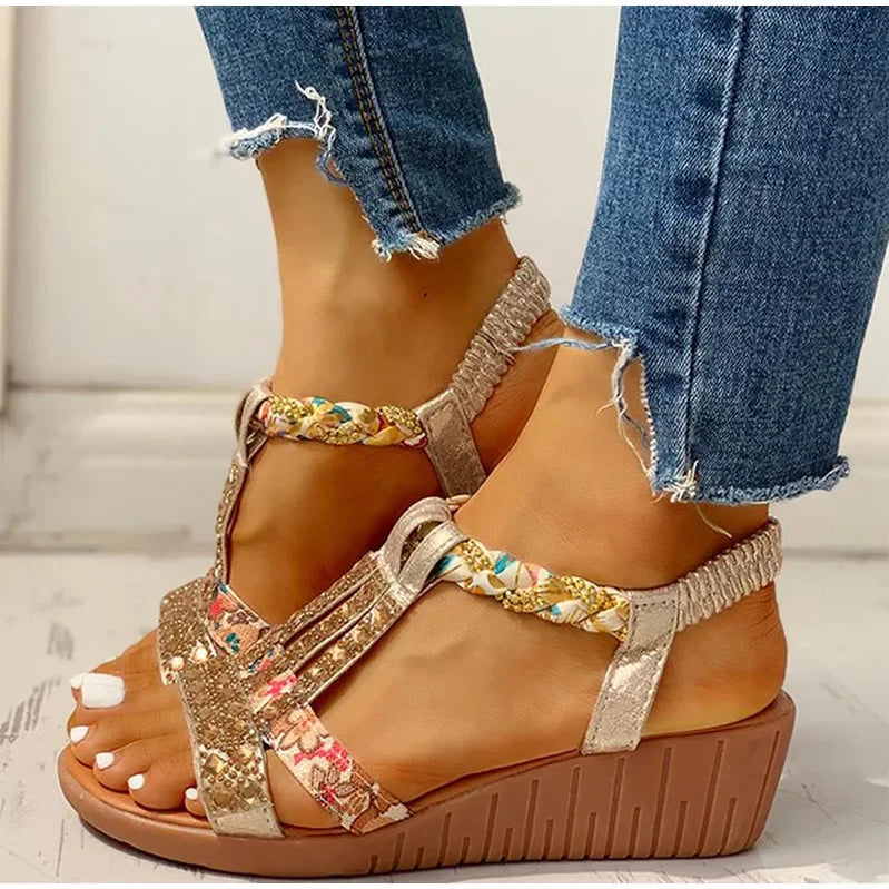 Women's Sandals Summer Bohemia Platform Wedges Shoes Crystal Gladiator Rome Woman Beach Shoes Casual Elastic Band Female