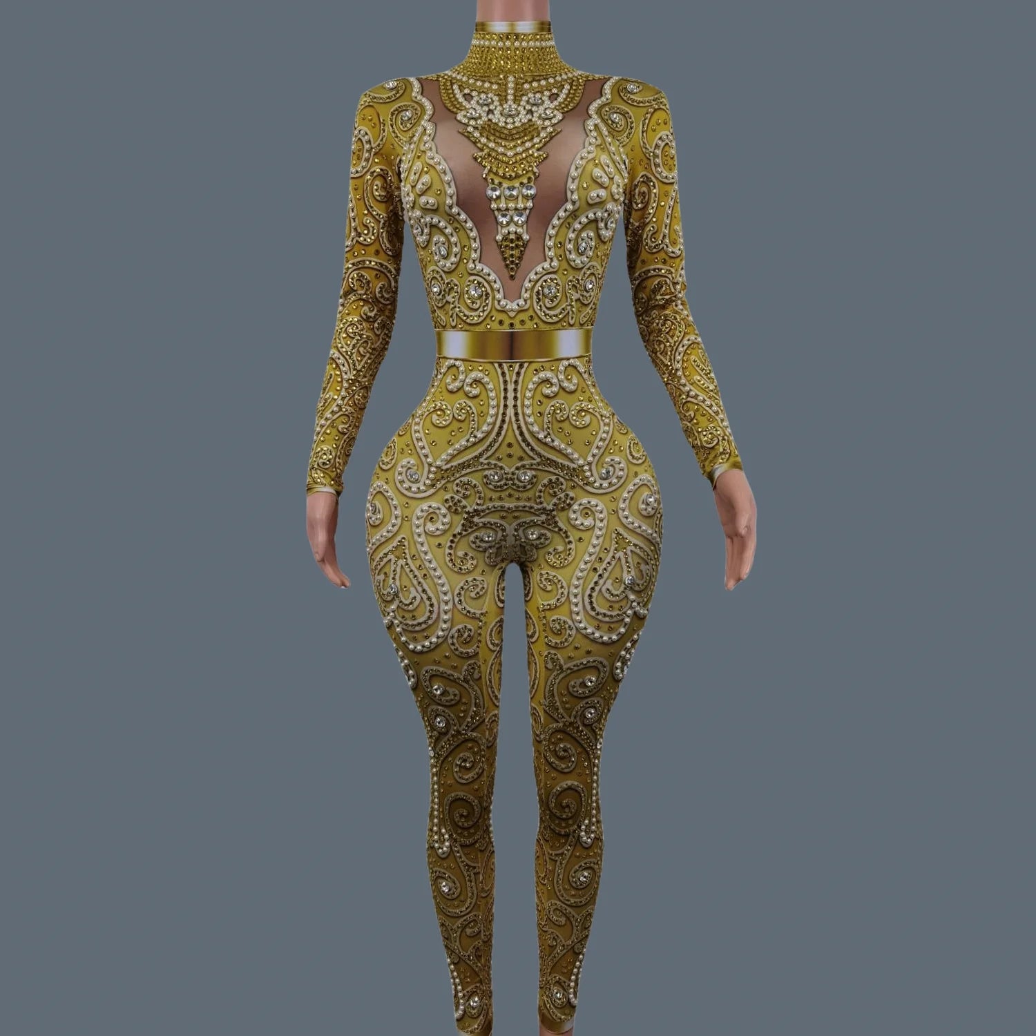 Classic Rhinestones Pearls Spandex Jumpsuit Women Nightclub Party Elastic Sexy Bodysuit Showgirl Performance Stage Wear Quanquan