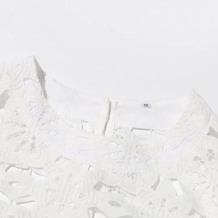 Hollow Out Embroidery Two Piece Set For Women Round Neck Sleeveless Top High Waist Split Skirts Elegant Sets Female