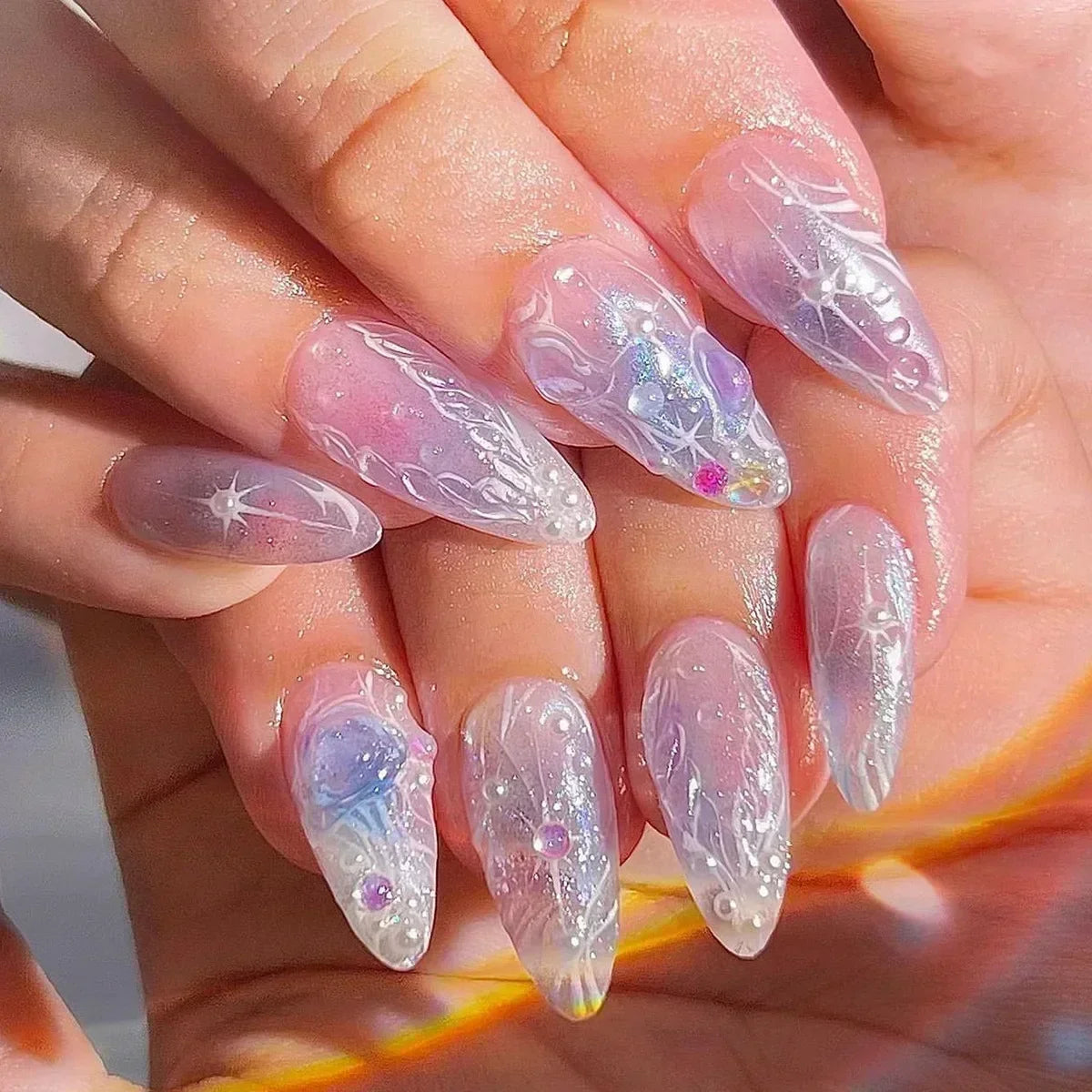 24pcs Short Almond Press on Nails 3D Flower Butterfly Fake Nails with Glue Colorful Natural Acrylic False Nails Full Cover Nails
