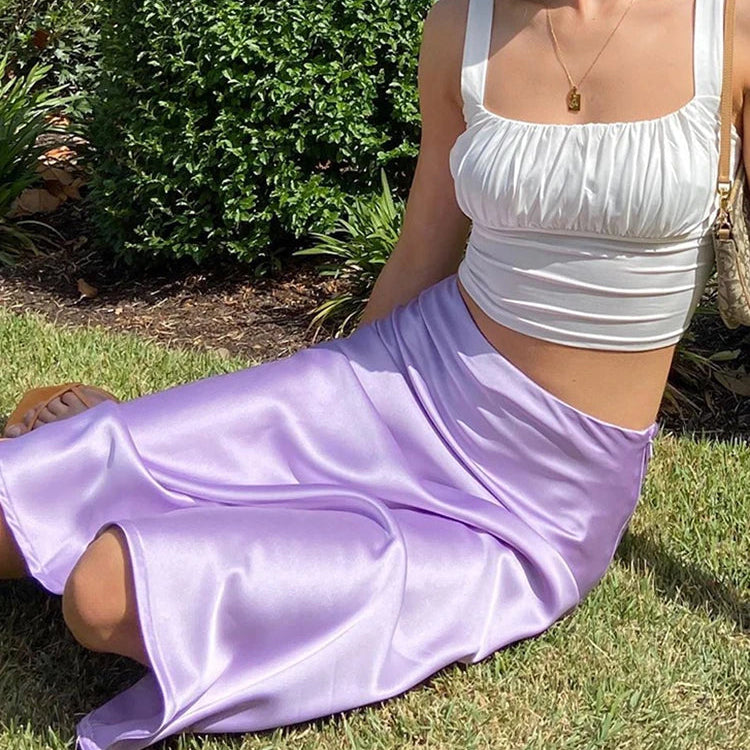 Mnealways18 Solid Purple Satin Silk Skirt Women High Waisted Summer Long Skirt New Elegant Ladies Office Skirts Midi Spring