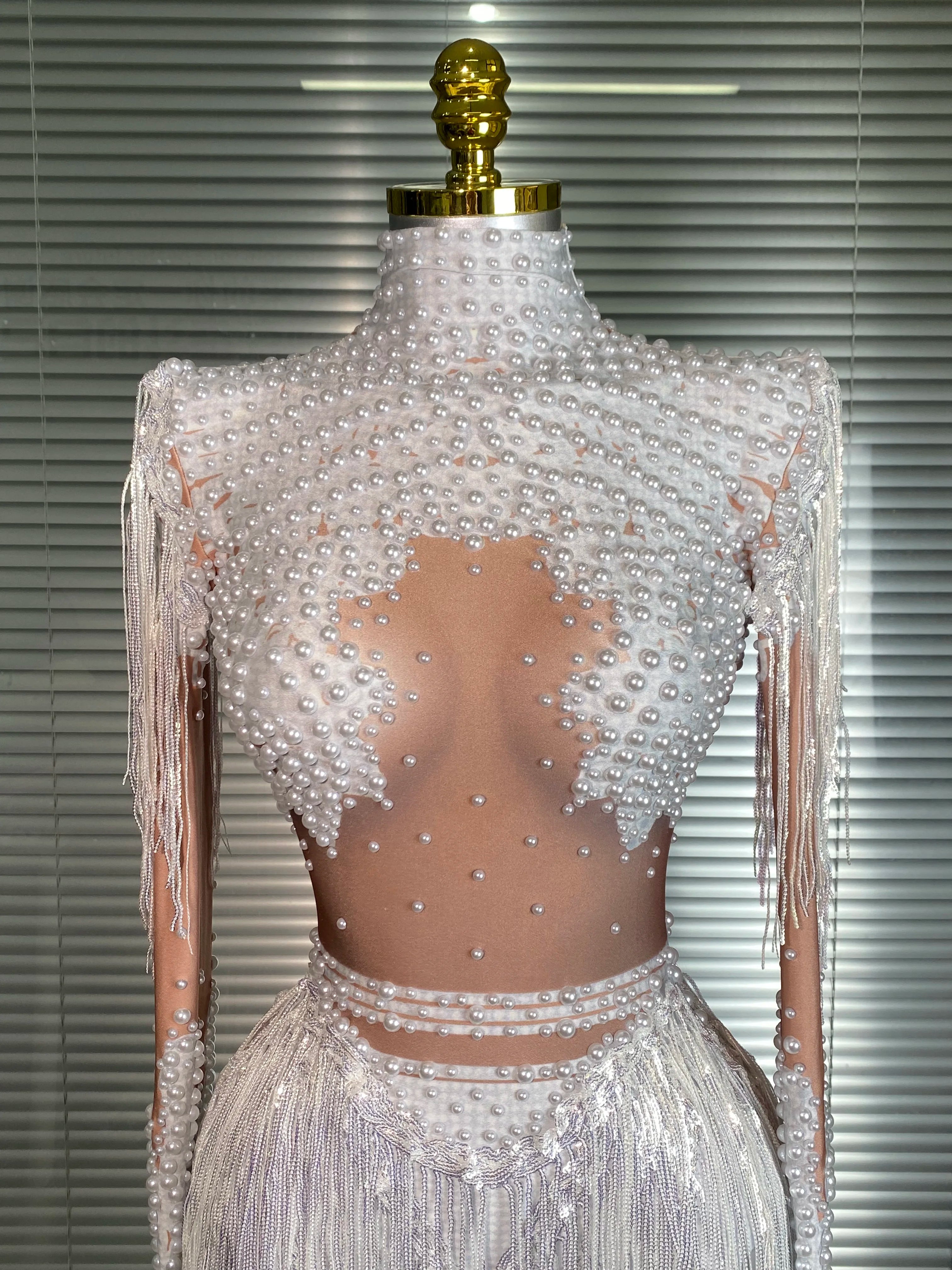 Women Sexy Skin Whtie Red Gold Crystal Stretchy Night Club Singer Dancer Tassel Dancer Red Stage Costume Party Bodysuit