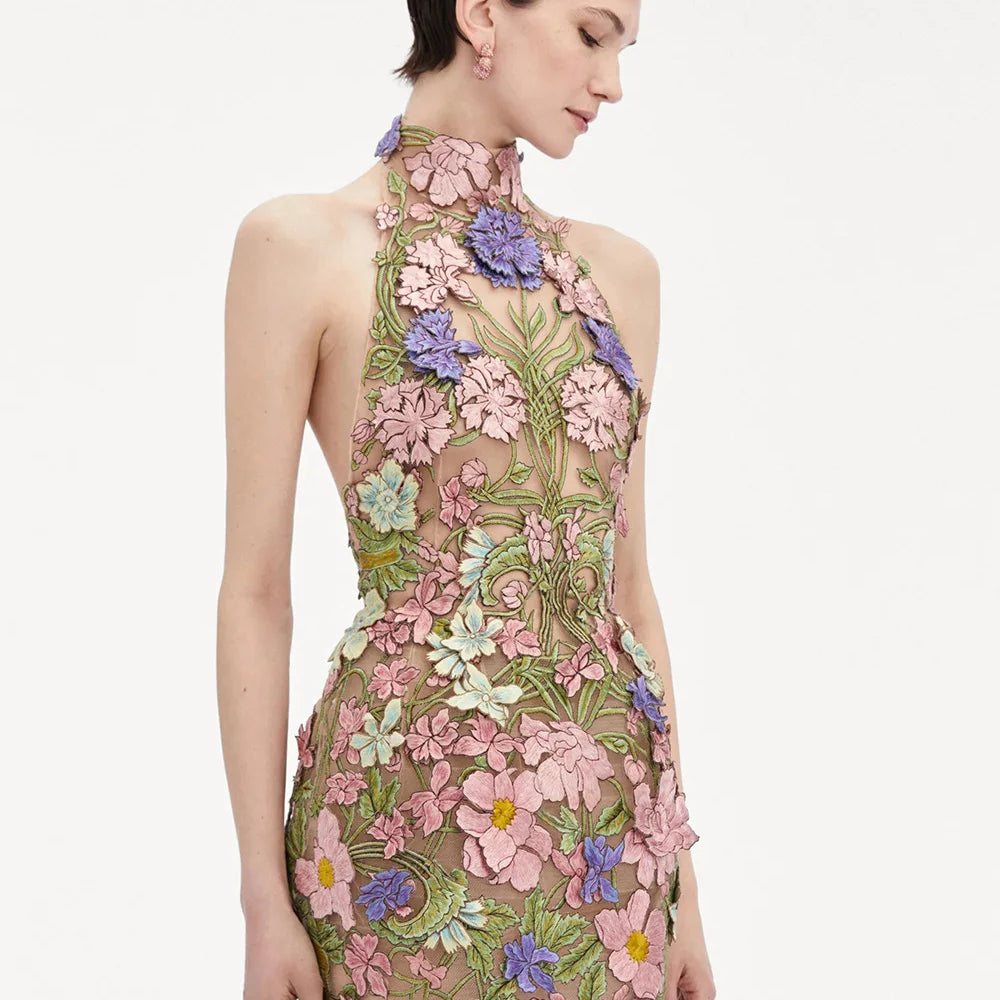 Women Sexy Halter Off the Shoulder Embroidery Bodycon Mini Dress Backless Celebrate Birthday Party Girls' Vacation Outfit