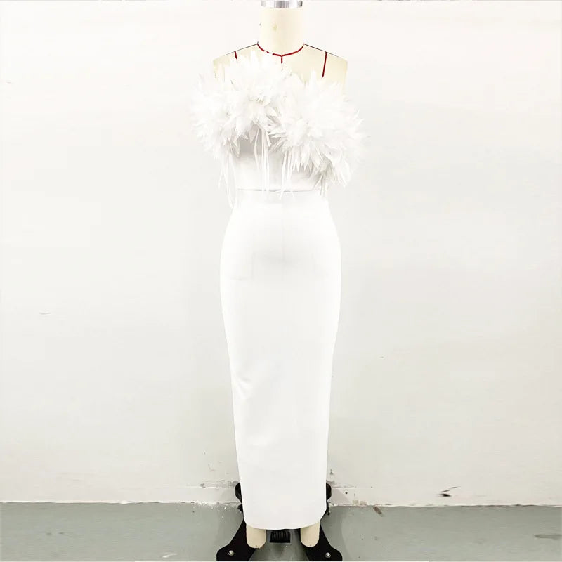 Hot Sale Women Sexy Strapless Feathers Bodycon Long Bandage Dress Fashion Celebrate Evening Party Birthday Outfit Wholesale