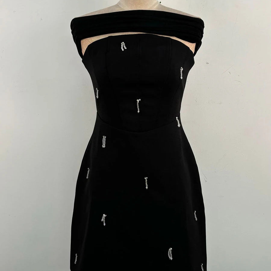 TWOTWINSTYLE Solid Slimming Spliced Bead Elegant Dresses for Women Strapless Sleeveless Temperament Mini Dress Female Fashion