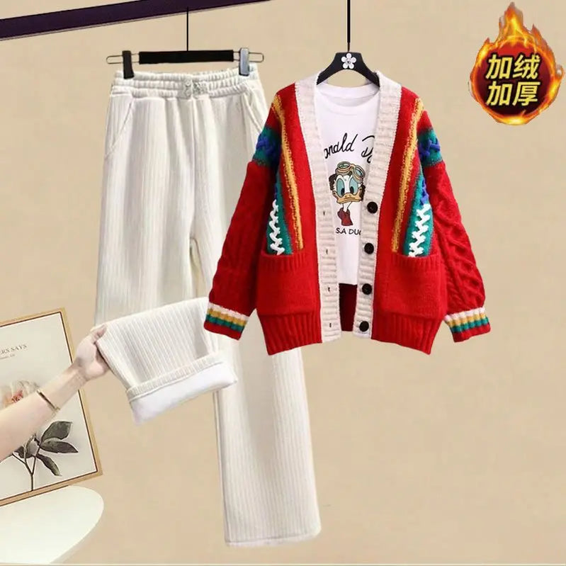 Korean Style Fashion Knitted Sweater Jacket Plush Thickened Wide Leg Pants Two Piece Elegant Women's Pants Set Winter Outfits 2pcs set 02