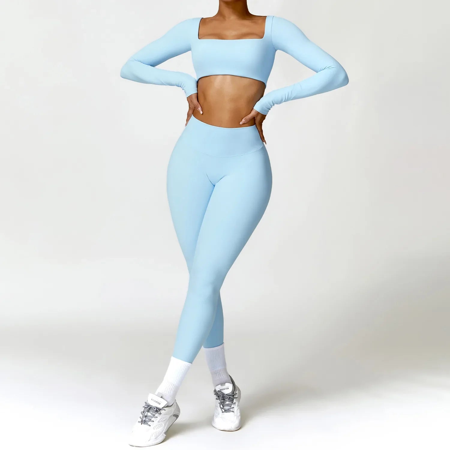 Women Tracksuit Yoga Set 2PCS Sportswear Workout Clothes Athletic Wear Gym Legging Fitness Bra Crop Top Long Sleeve Sports Suits Sky Blue Set-4 CHINA