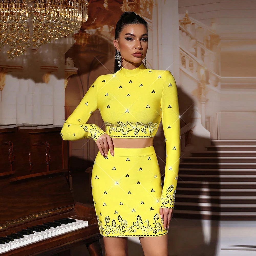 Modphy Black Yellow Rhinestone Bandage Two-Piece Set Women Long Sleeve Sexy Short Tops Bodycon Skirt Mini Sets Fashion Outfit