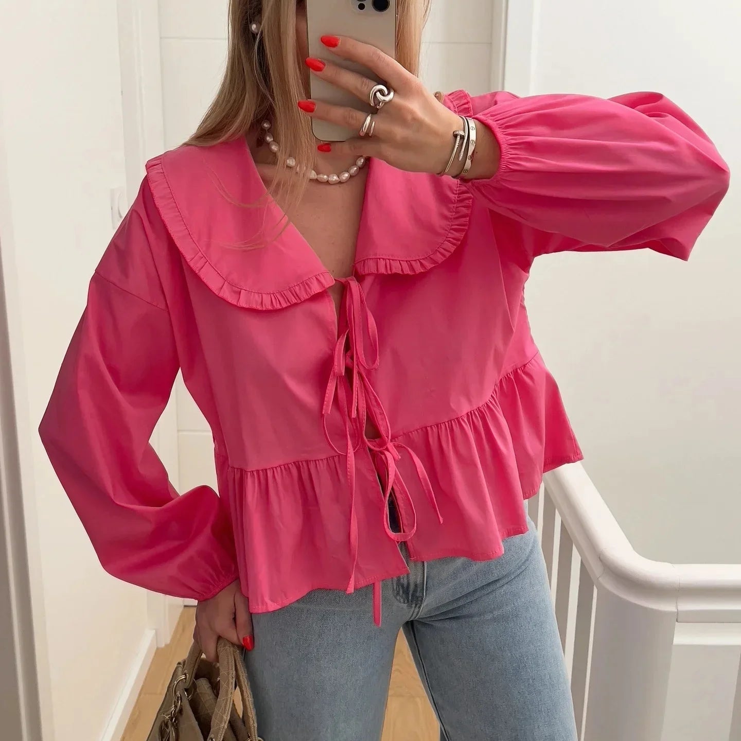 EDSA Women Elegant Ruffles Shirt Summer Blouse with Peter Pan Collor Lantern Sleeves Bow Buttons Sweet Soft Top