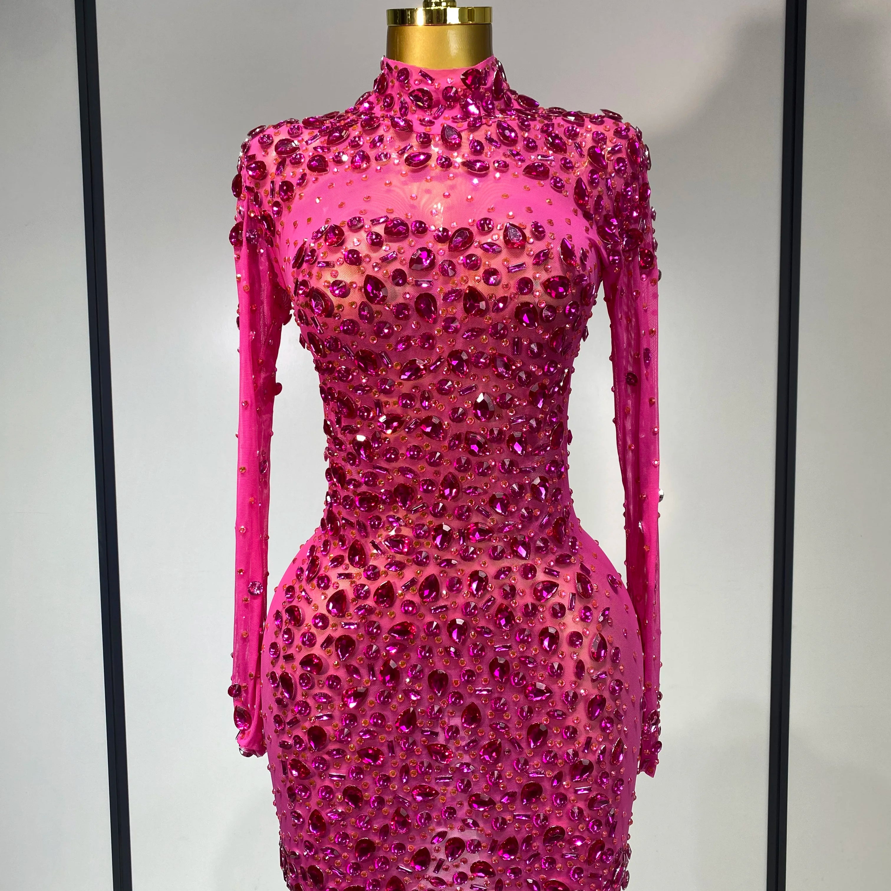 Women Sexy Mesh Rhinestones Mini Dresses Luxury Birthday Evening Party Celebrate Prom Gown Nightclub Singer Stage Outfit