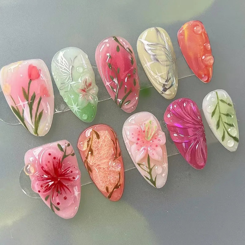 24Pcs 3D Strawberry Rabbit Flower Fake Nails Press on Mid-length Almond Wearable False Nails Green Gradient Pearl Manicure Tips