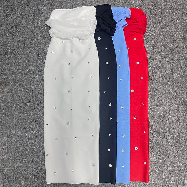 4 Colors Women Sexy Slash Neck Off the Shoulder Shinning Crystal Bodycon Long Bandage Dress Celebrate Birthday Party Outfit