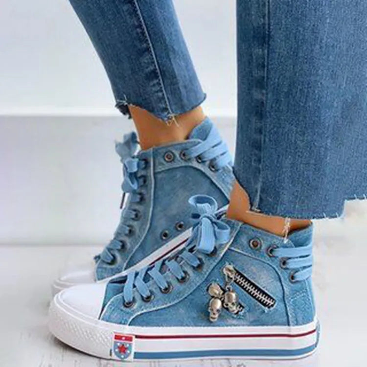 Spring/Autumn Casual Shoes Trainers Walking Skateboard Lace-up Femmes Women Retro Fashion Sneakers Denim High Gang Canvas Shoes light blue