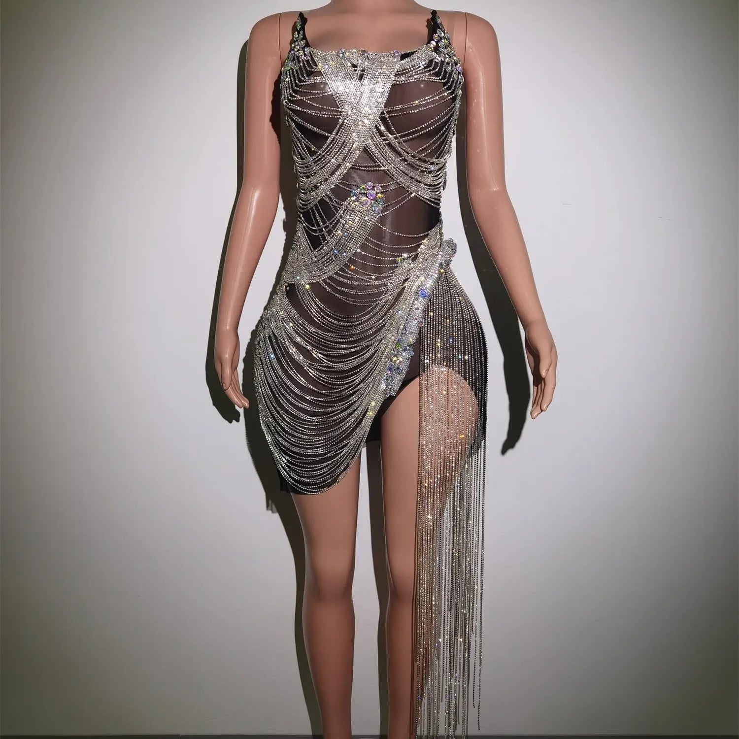 Luxurious Silver Crystals Chains Summer Dresses Women Fashion Rhinestones Fringes Performance See Through Outfit Costume Luoli black