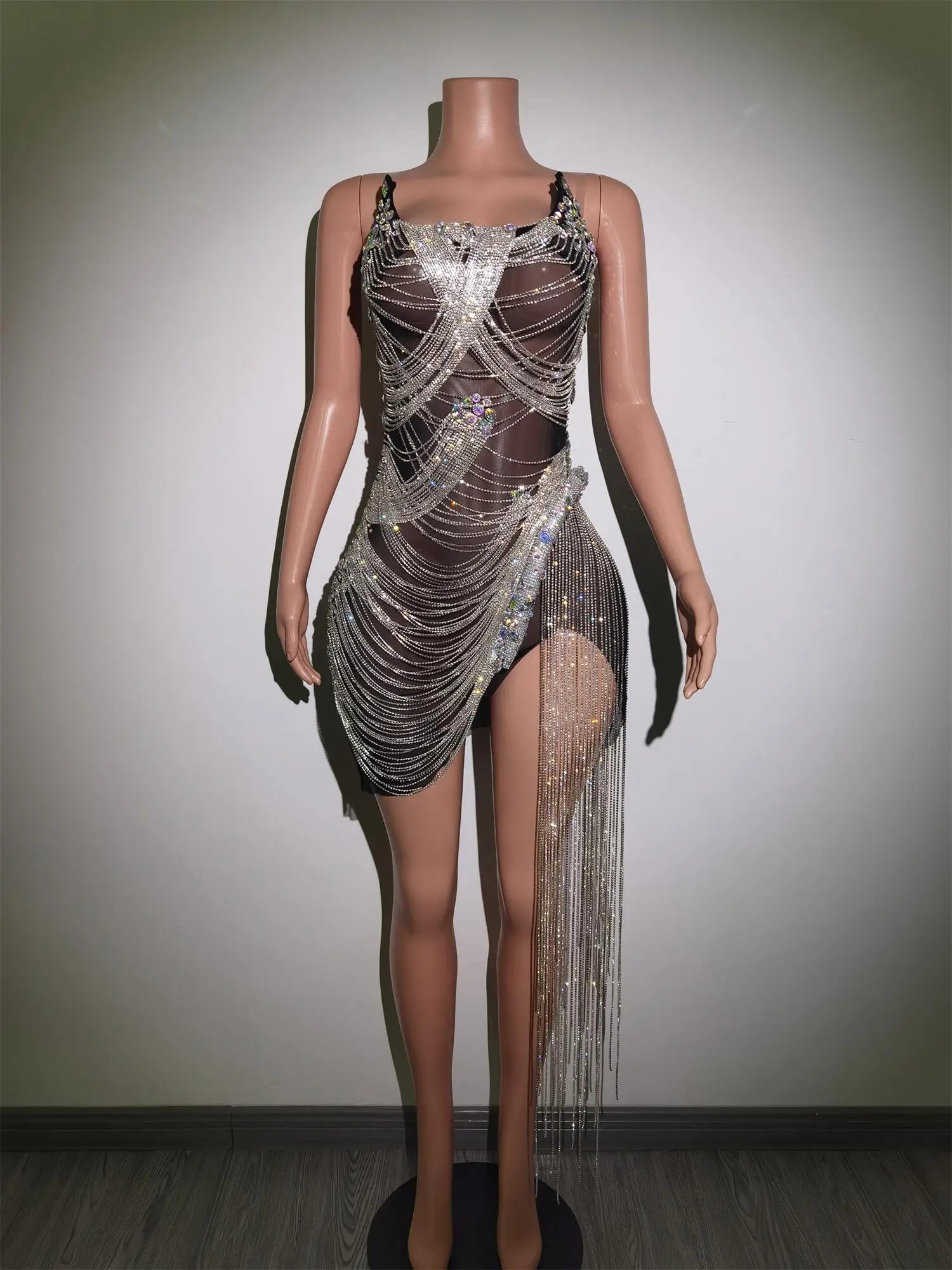 Rhinestones Crystals Fringes Dress Woman Birthday Celebrate Prom Dresses Pink Party Costume Sexy Dancer Stage Outfits Luoli black