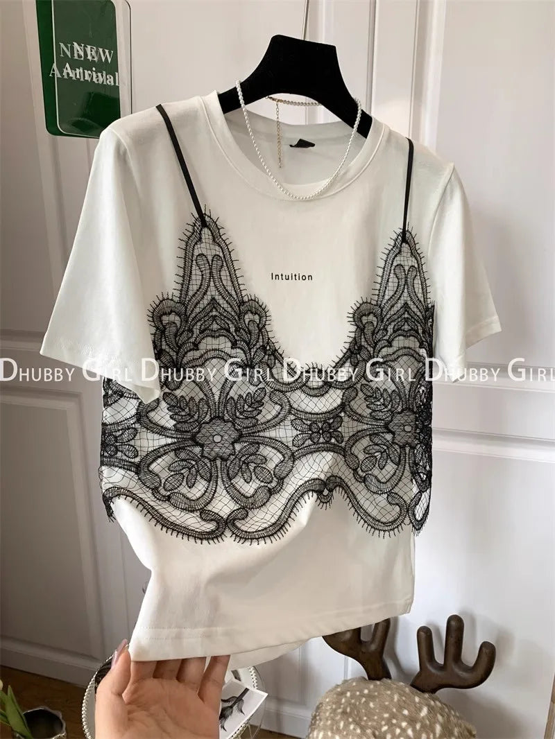 Summer Tshirts Women Fake Two Piece Chest Lace Stitching T-Shirt Fashion Tops Ladies Chic T-Shirt Female Short Sleeve Casual Tee WHITE CHINA
