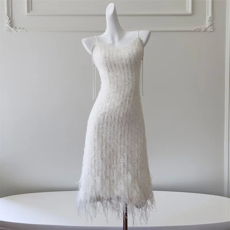 Fashion Women Dress Heavy Industry Feather Sequins White Women's Suit Coat Winter Evening Party Dresses Female Stage Costumes white dress CHINA