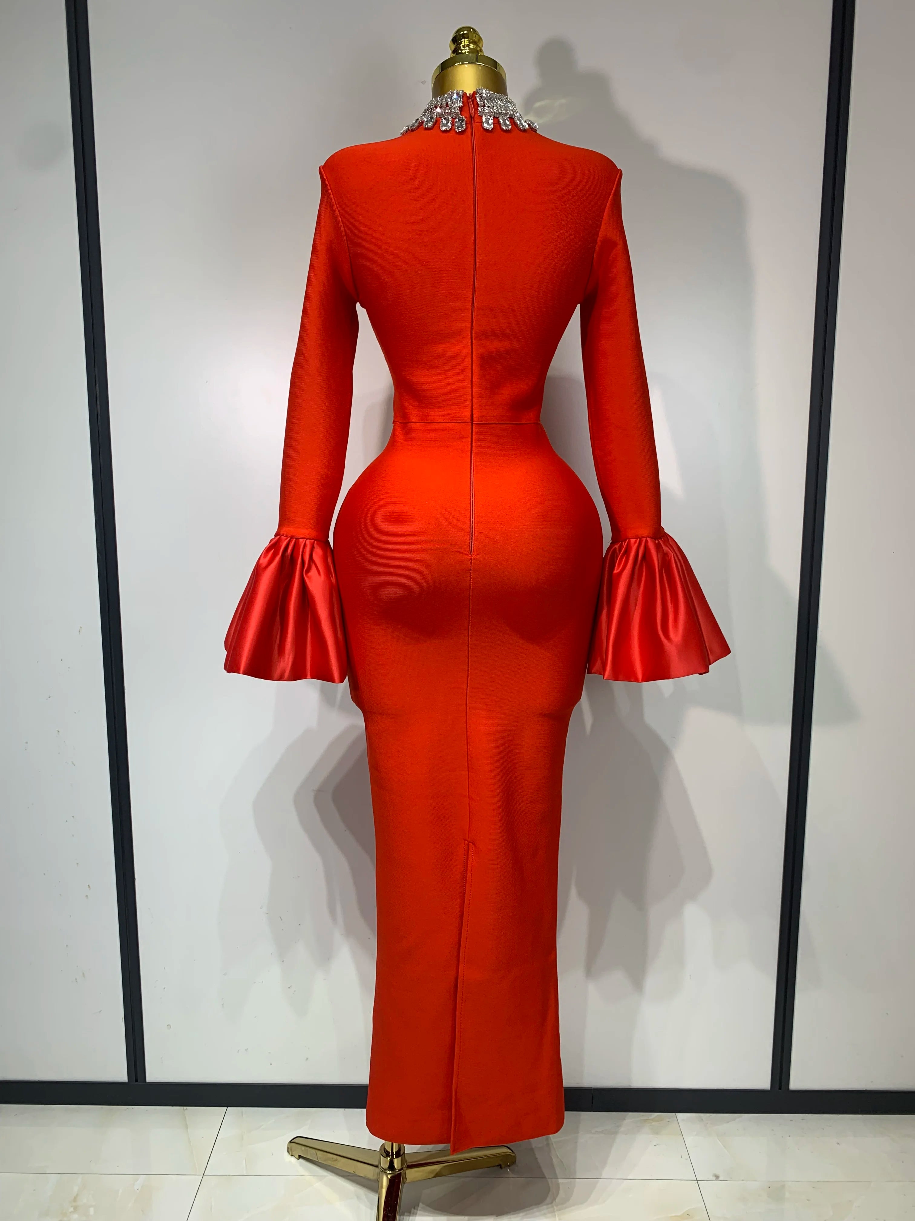 Sparkly Diamonds Neck Flare Sleeve Red Long Bandage Dress 2025 Elegant Woman Evening Party Dress Cocktail Party Club Outfit