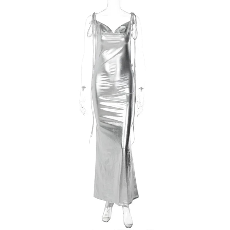 GACVGA Spring Summer Sexy Bandage Maxi Dresses Streetweaar Women Silver Shiny Pleated Bodycon Backless Party Long Dresses Silver-2