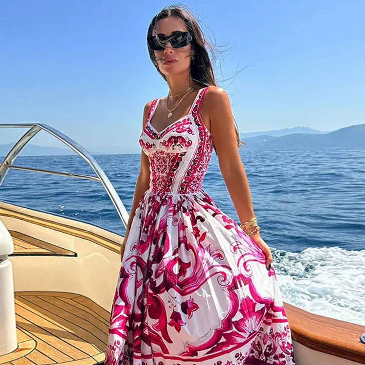 Women Sexy Printed Suspender Dress Fashion V-neck Backless High Waist Large Swing Midi Vestido Summer Female Chic Vacation Robes