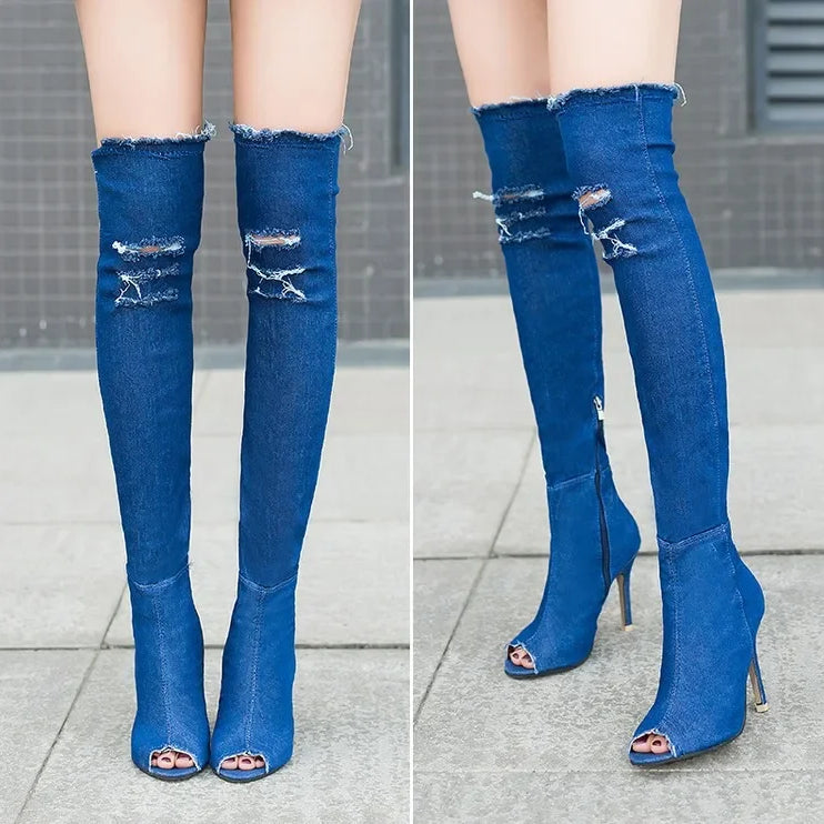 Fashion Women High Heels Spring Autumn Peep Toe Over The Knee Boots Tight High Stiletto Jeans Boots Cowboy Women Boots Color Blue