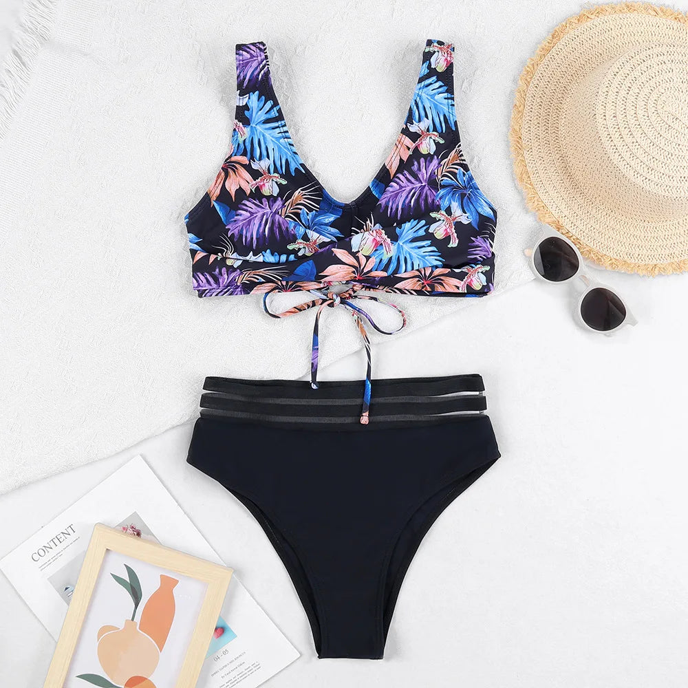 Lace Up High Waist Bikini Woman Swimsuit Women Swimwear Bathing Suit Padded Push Up Floral Print Swimsuit Women Bikini Set 2