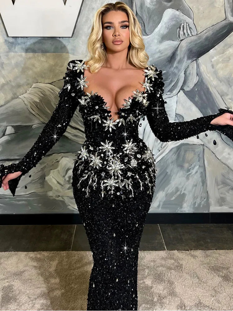 Women Celebrity Sexy Long Sleeve Sequins Diamonds Crystal Sparkly Maxi Long Gowns Dress 2024 Elegant Evening Party Club Vestido