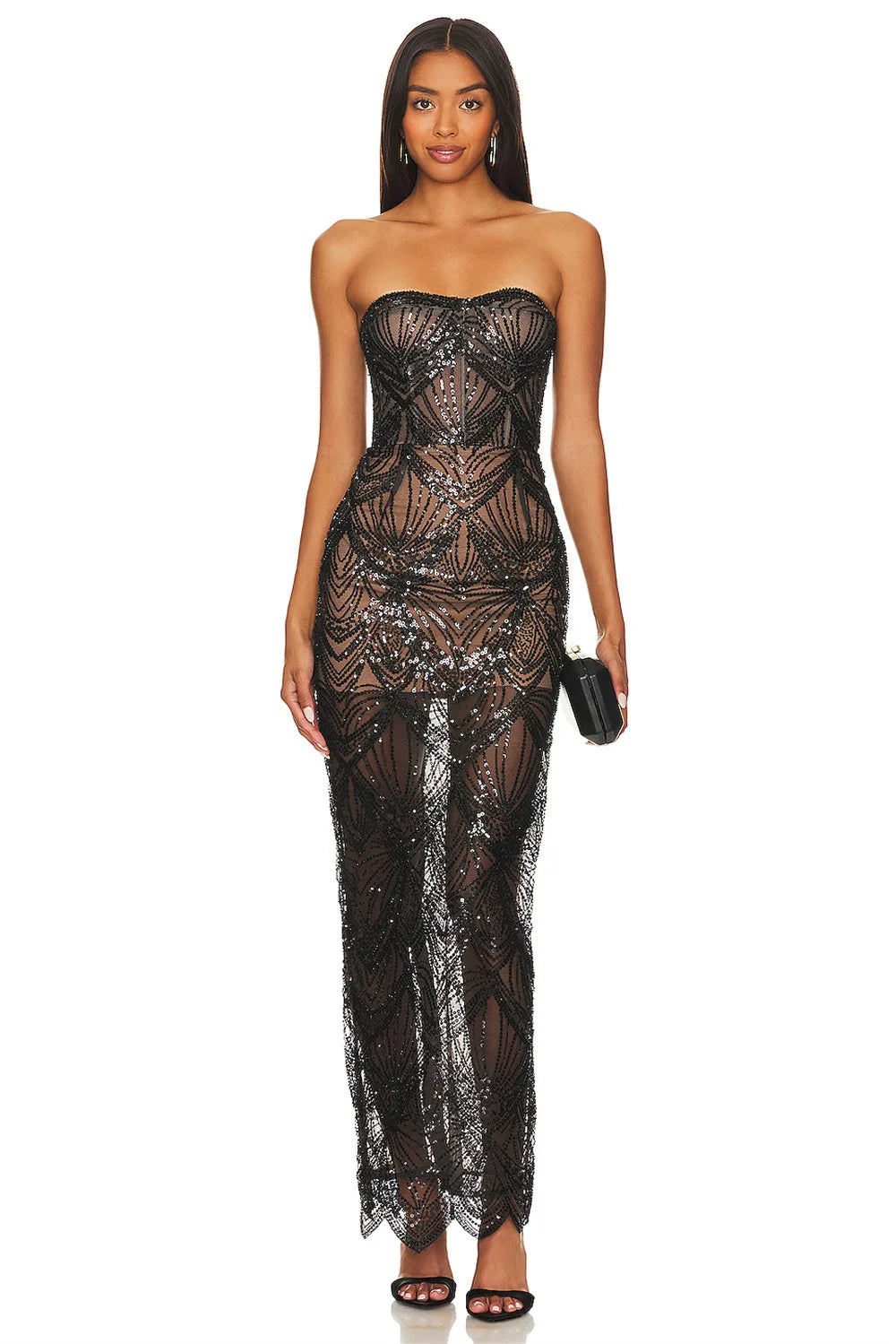 Shining Black Sequins Sexy Mesh See Through  Straplerss Ankle Length Dress Woman Birthday Party Dress Celebrity Party Vestido