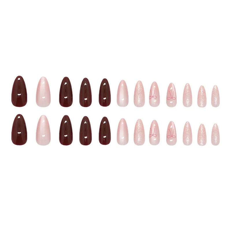 24pcs Cat's Eye Red Bow Press on Nails Almond French Fake Nails Full Cover Wearable False Nails