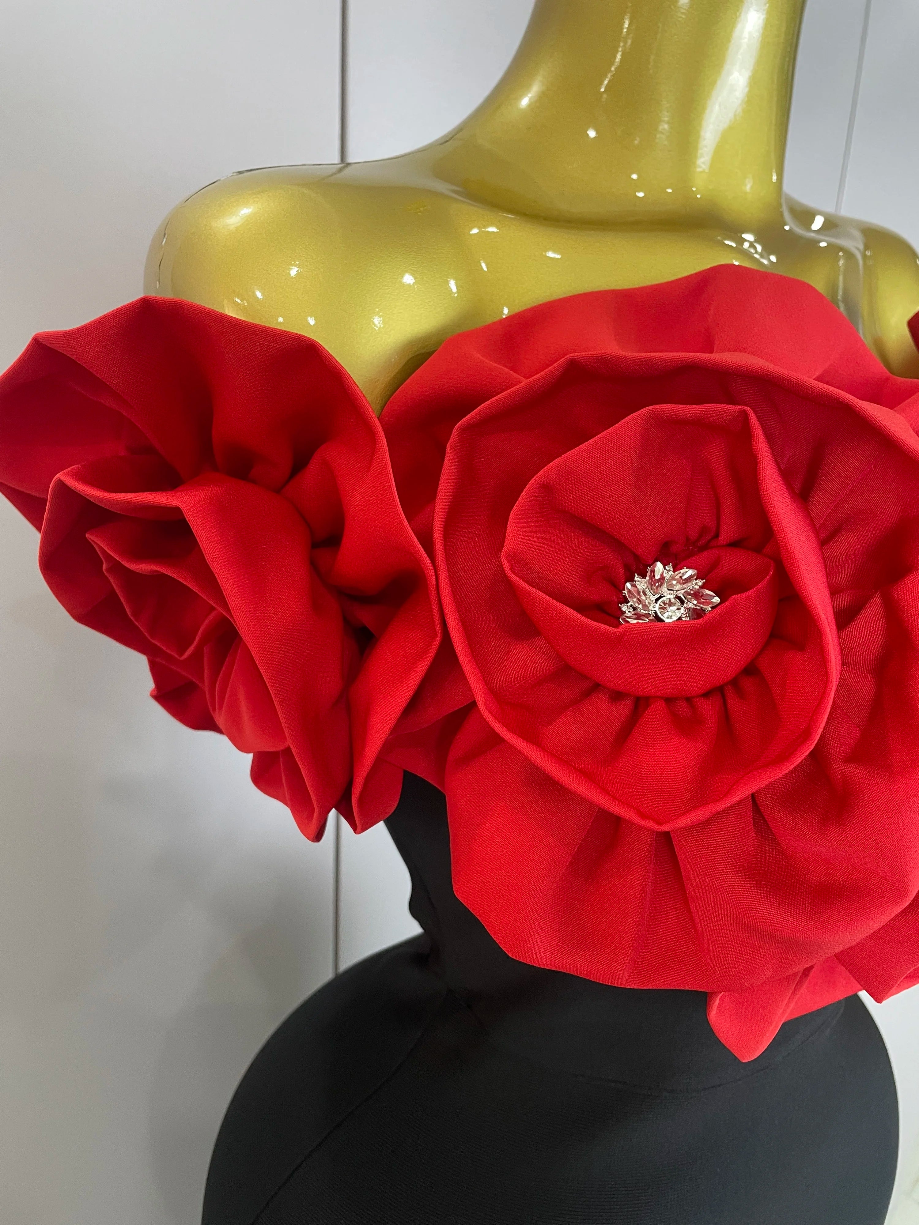 New Stereoscopic Red Flowers Sexy Off The Shoulder Ankle Lenght Bandage Dress Woman Birthday Party Vestido Wedding Party Outfit