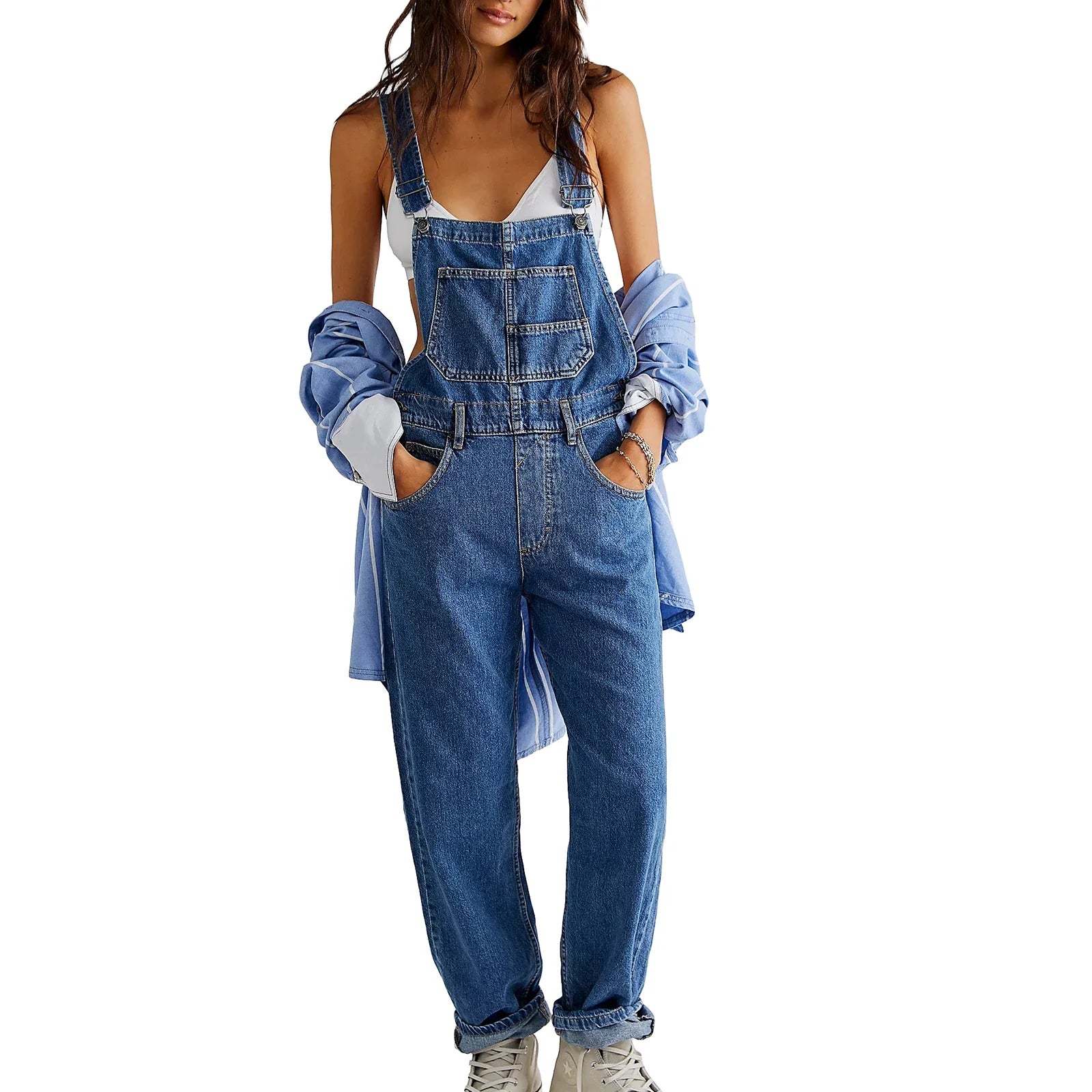 Women Vintage Retro Denim Long Jumpsuit Casual Spaghetti Strap Straight Romper Suspender Pants Summer Baggy Bib Loose Overalls Dark blue