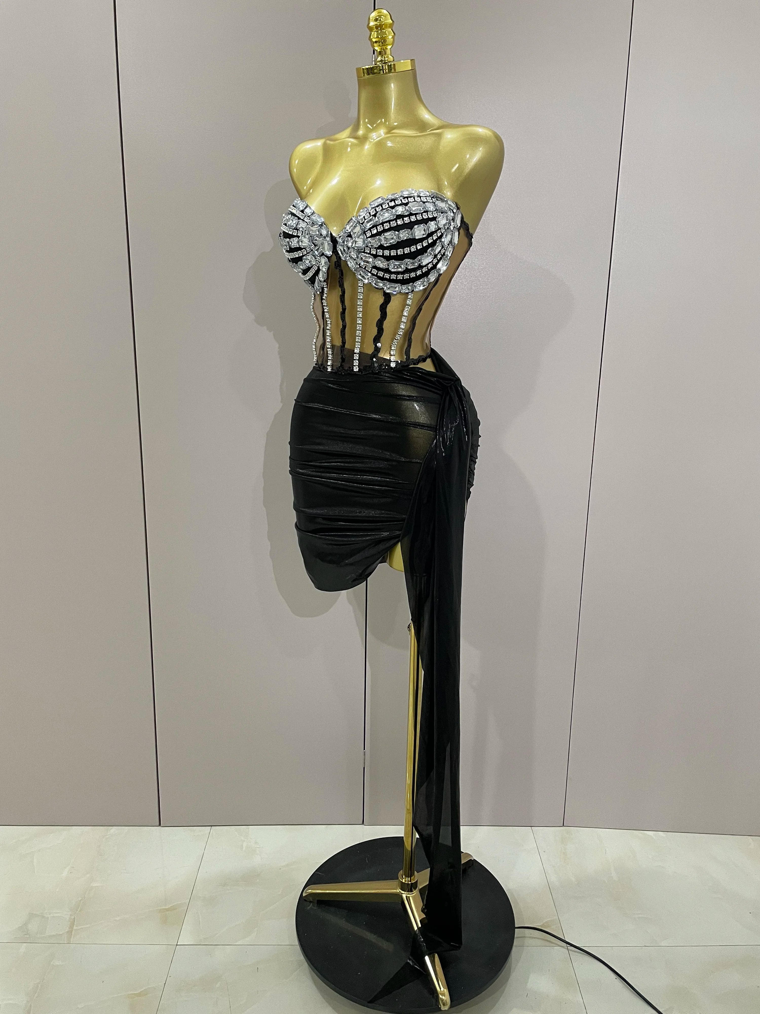 Sexy Shining Rhinestone Sequin 2 Pieces Top Skirt Set 2025 Women Celebrity Evening Party Stage Nightclub Performance Costume