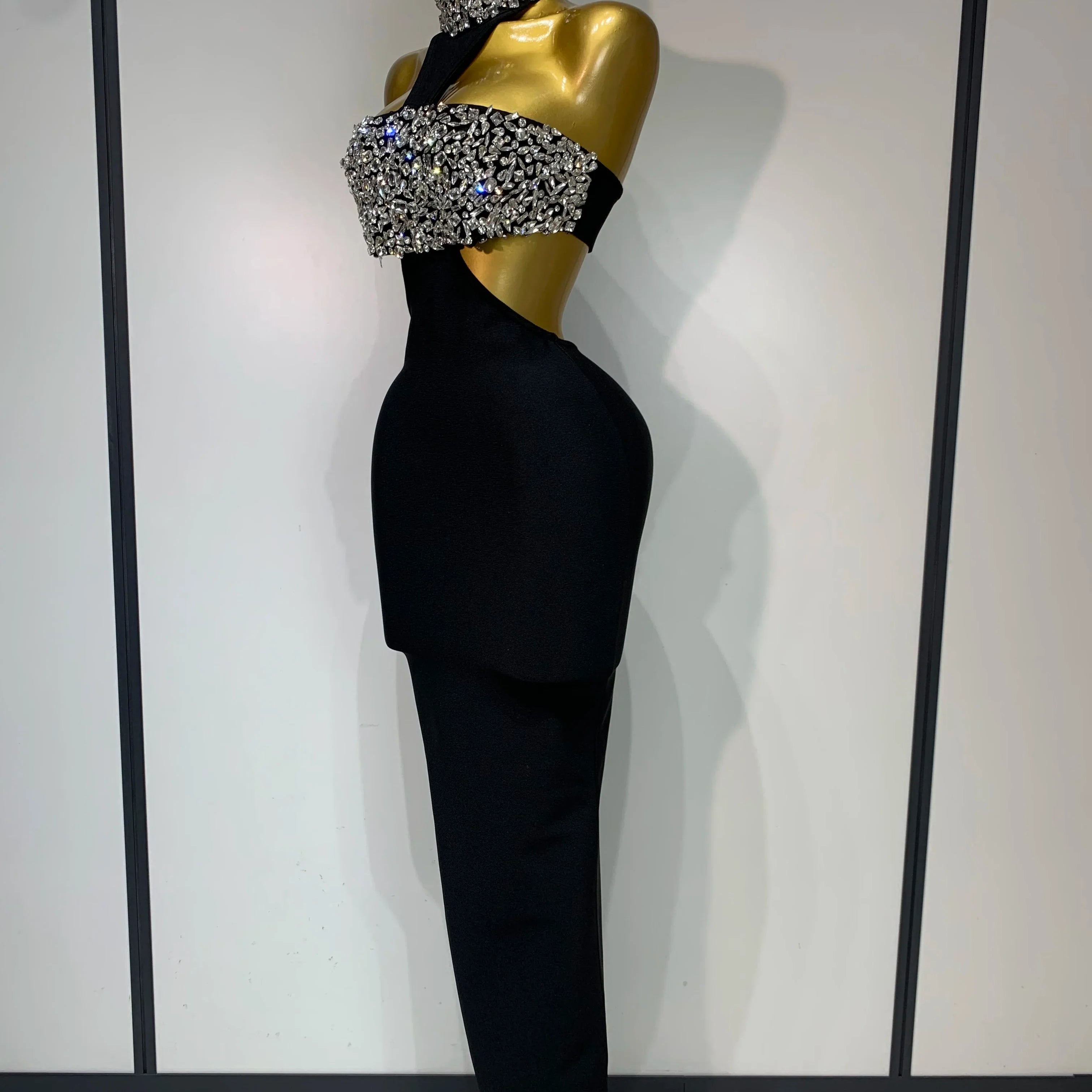 Women Sexy Backless Sparkly Crystal Diamonds Black Bodycon Bandage Dress Celebrity Elegant Evening Club Party Birthday Dresses