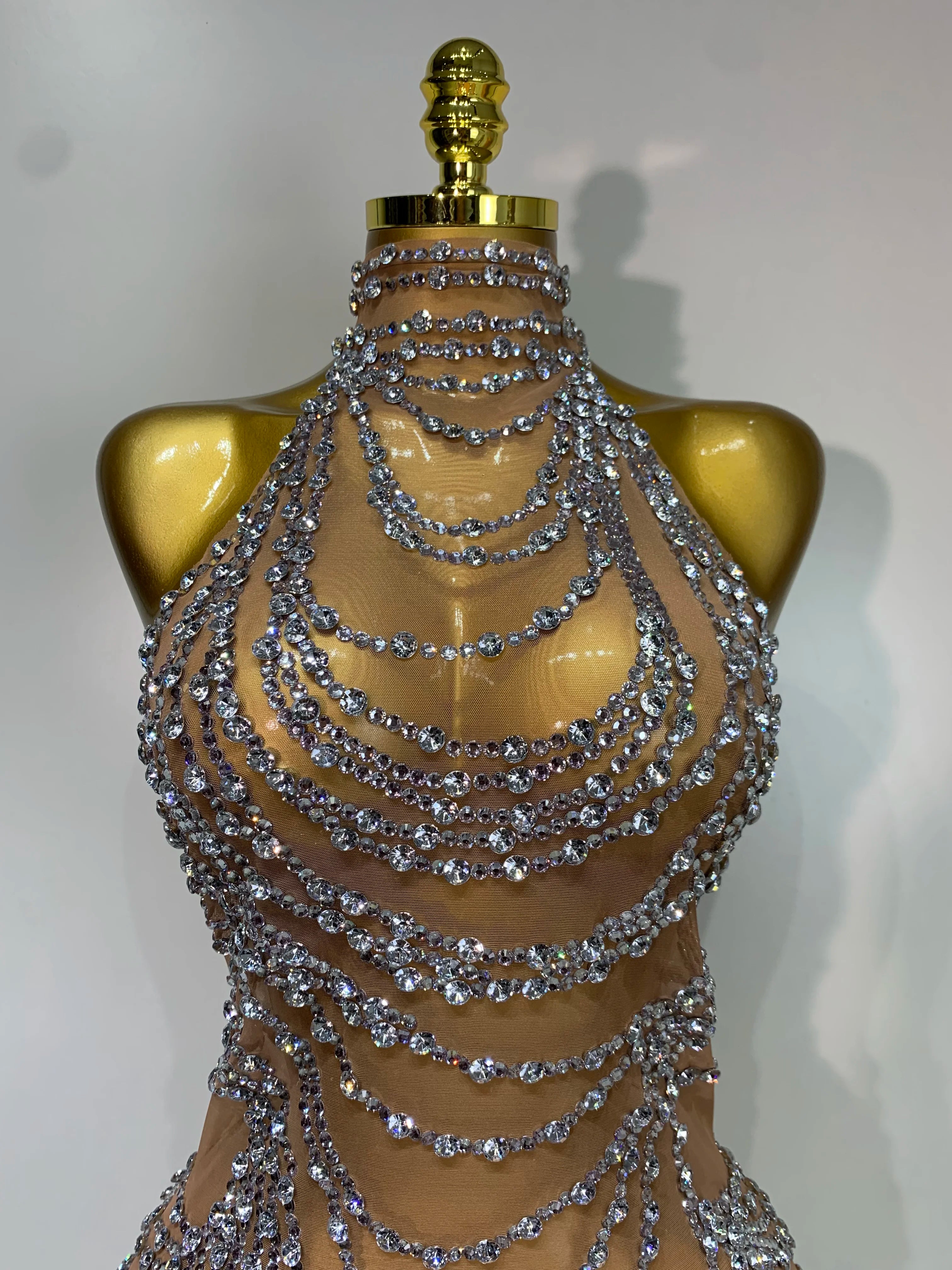 Luxury Rhinestone Sparkly Sexy Transparent Mesh Long Dress 2025 Women Birthday Party Gown Stage Singer Performance Costume