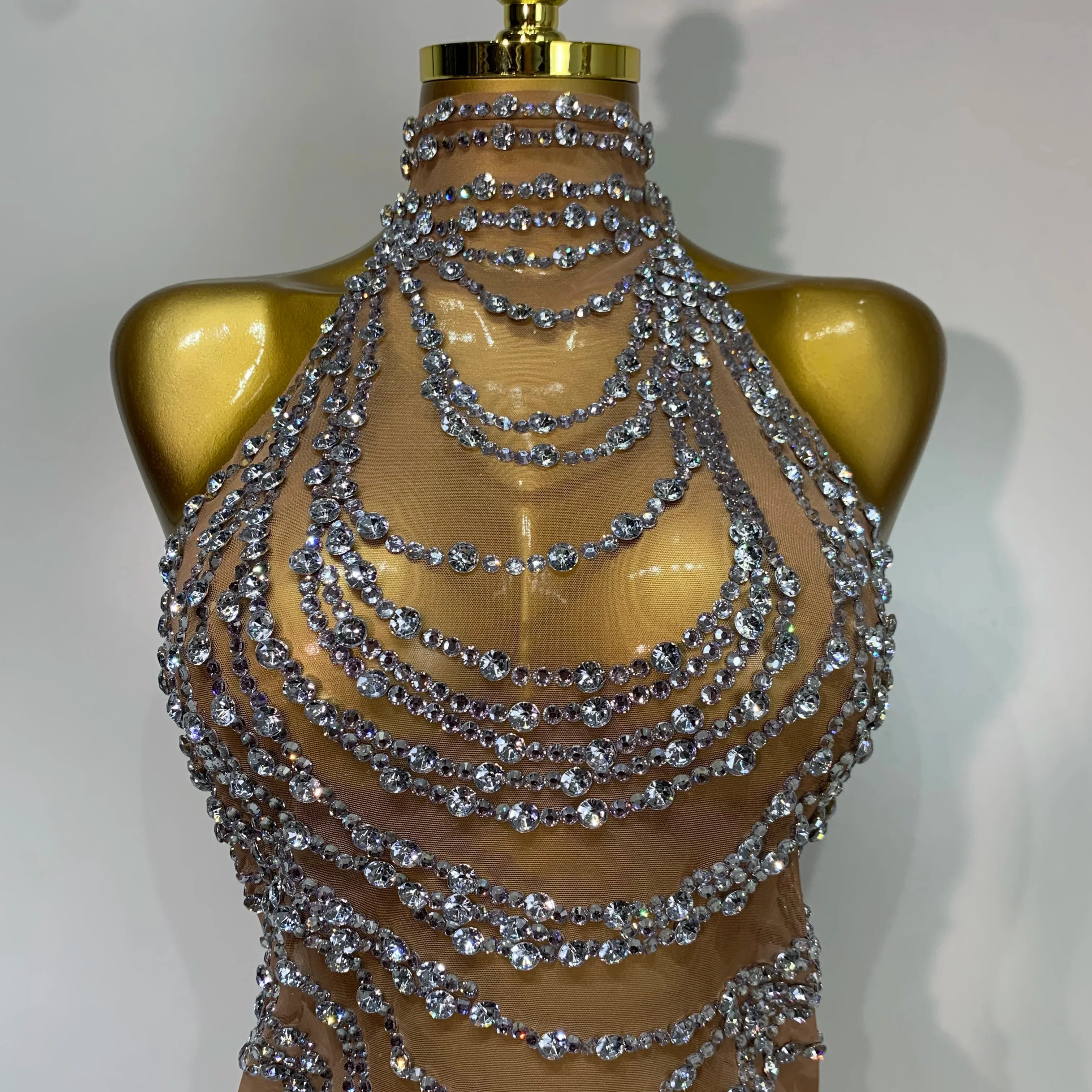 Luxury Rhinestone Sparkly Sexy Transparent Mesh Long Dress  Women Birthday Party Gown Stage Singer Performance Costume