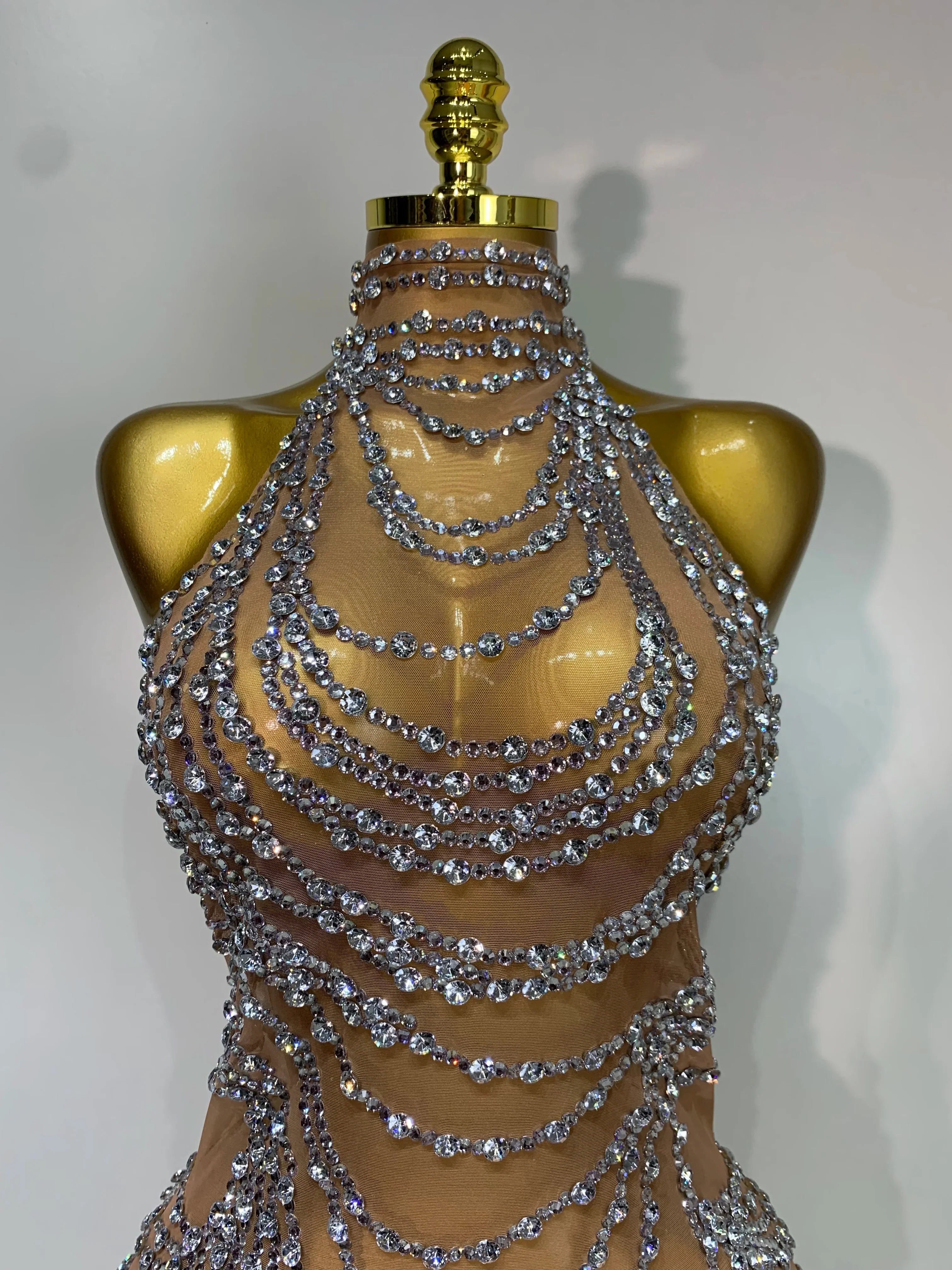 Luxury Rhinestone Sparkly Sexy Transparent Mesh Long Dress  Women Birthday Party Gown Stage Singer Performance Costume
