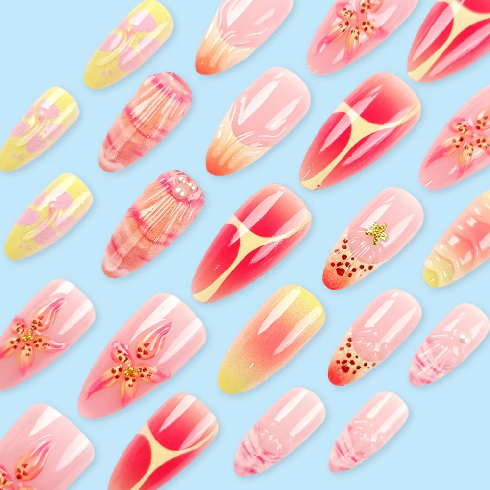 24pcs Summer Almond Press on Nails Ins Simple Flower Shell Decor French False Nails Wearable Reusable Fake Nails for Women Girl