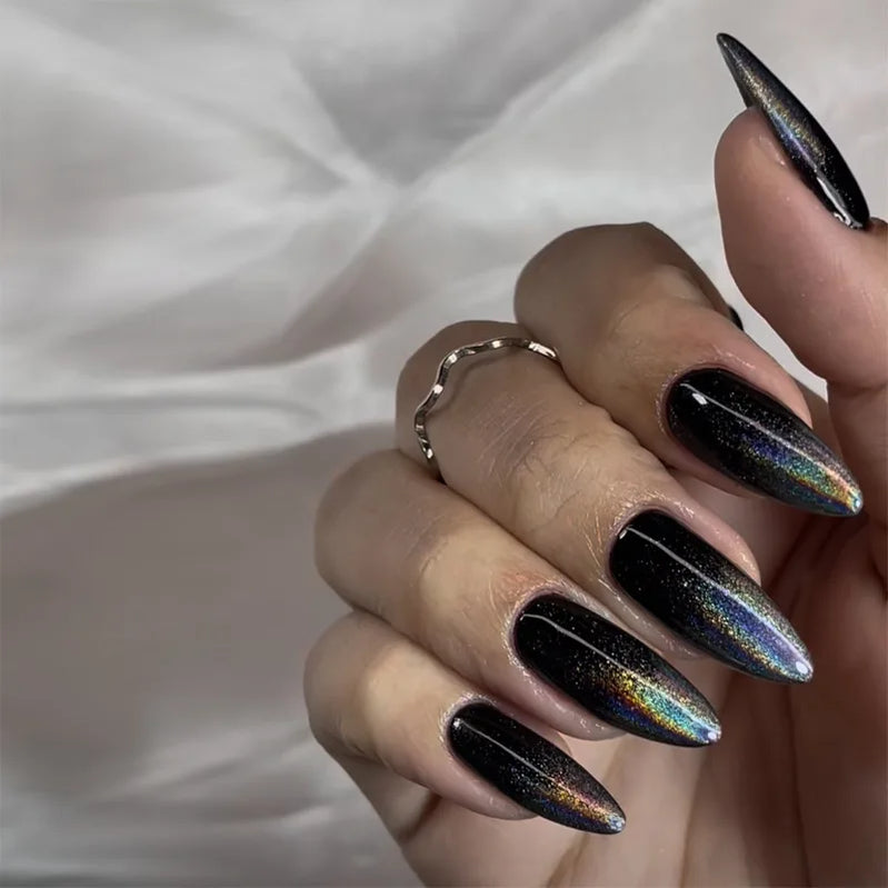 24Pcs Blue Cat Eye Y2k Fake Nails with Jelly Glue Long Almond False Nail Design Wearing Oval Press on Nails Tips for Spice Girls